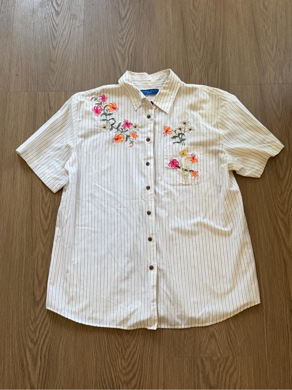 Karen Scott Sport Embroidered Bird & Floral Button-Up Blouse Women’s Large
